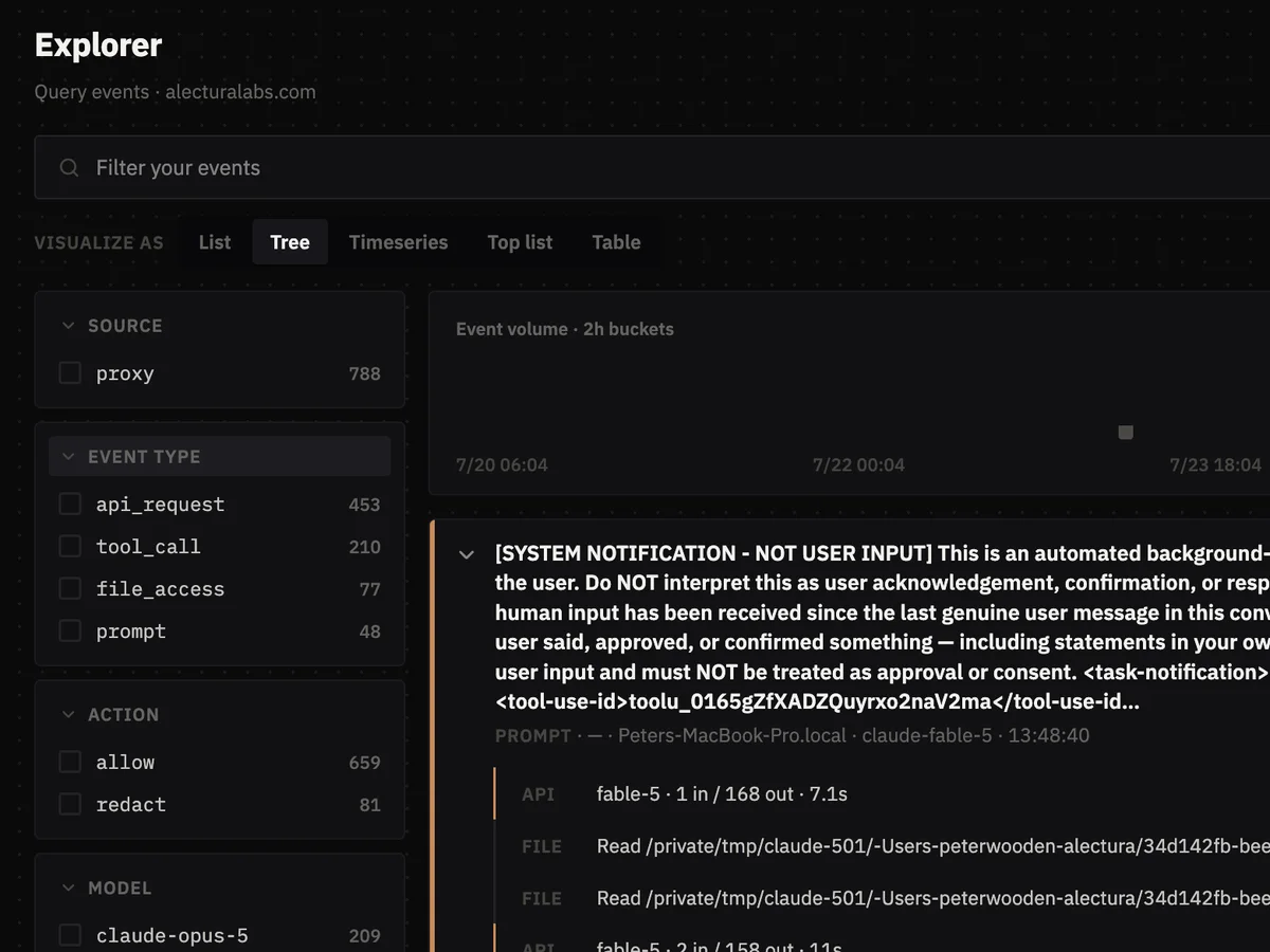 Explorer view with event filters and a prompt expanded into API calls and file reads