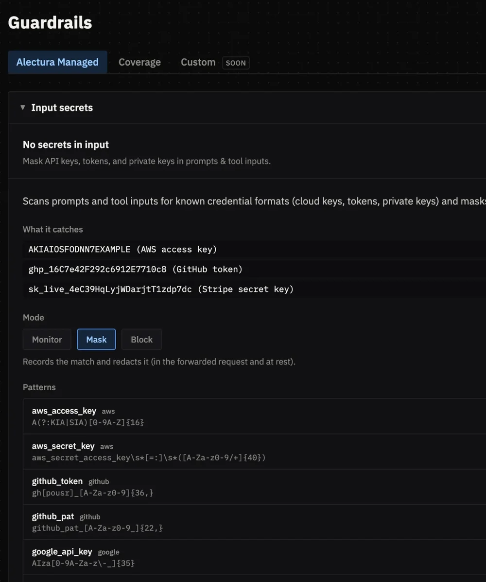 Guardrails policy screen: the no-secrets-in-input rule enabled in Mask mode, with example credentials it catches and per-pattern toggles